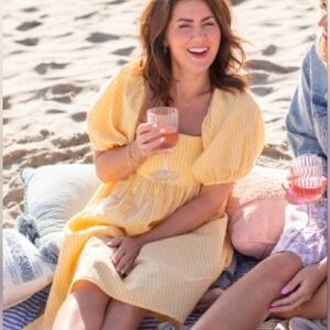 Jillian Harris x Joe Fresh Yellow Pinstripe Milkmaid Dress | Cotton Linen Blend